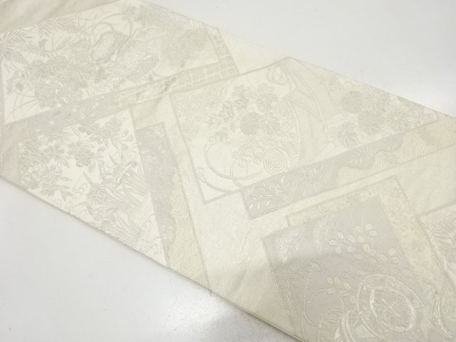 アンティーク　変わり桧垣に貝桶・御簾・草花模様織り出し袋帯（材料）